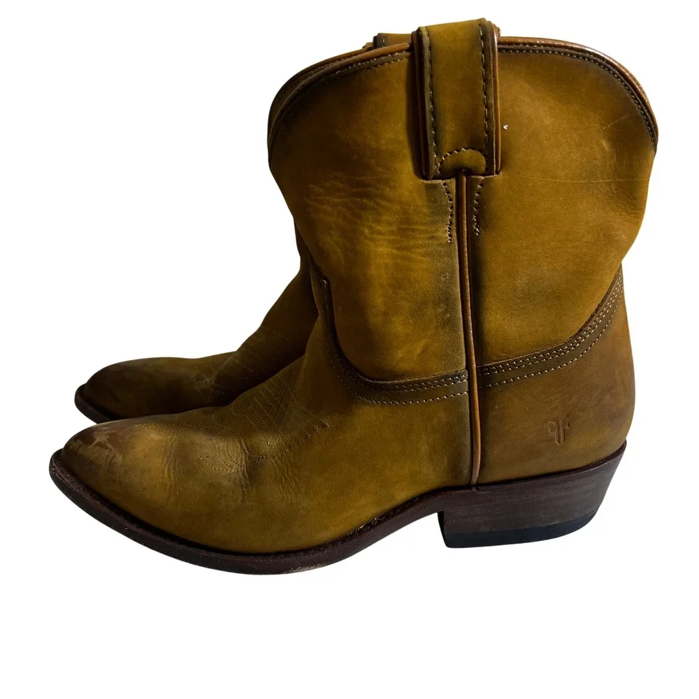 Frye Billy Short Western Stitched Leather Ankle Boots Cognac Brown Size 8B